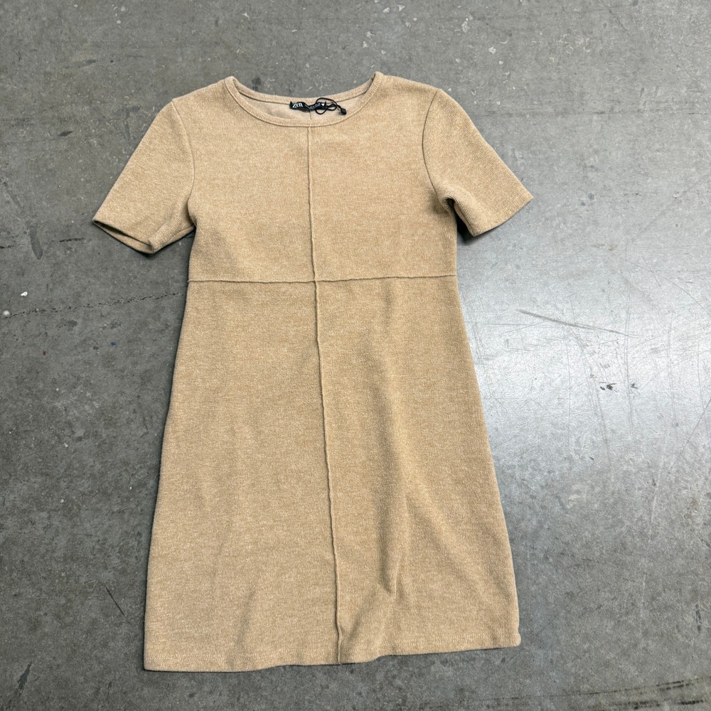 Zara Womens Tan Knit Short Sleeve Mini Dress Exposed Seam Detail Size Small